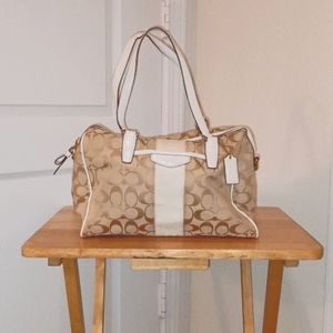 Coach Tan Leather Signature Monogram Jacquard Hobo Stripe Nancy Satchel Handbag
